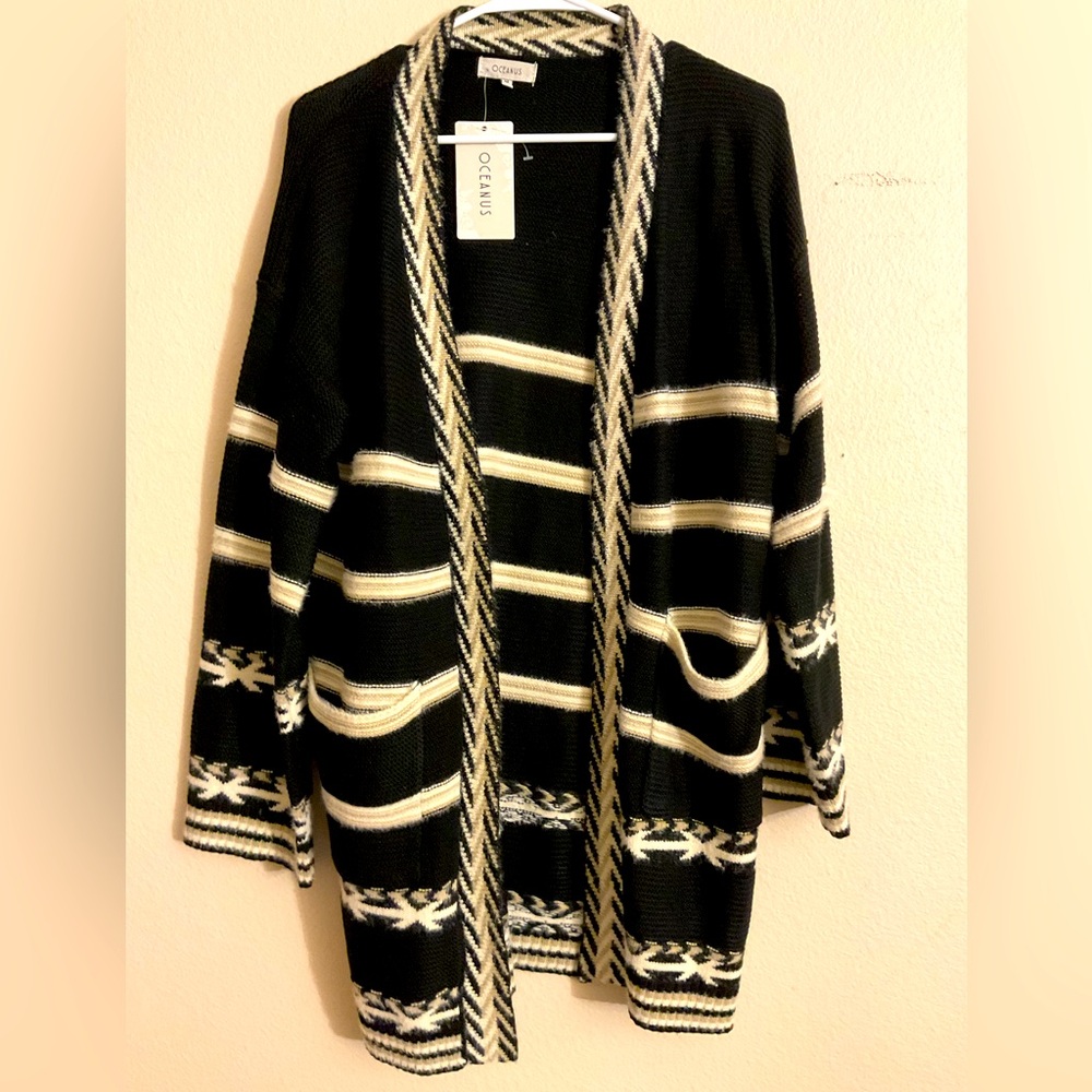 NWT Oceanus Black, Taupe & Cream Aztec Cardigan w/ Pockets size Medium‎